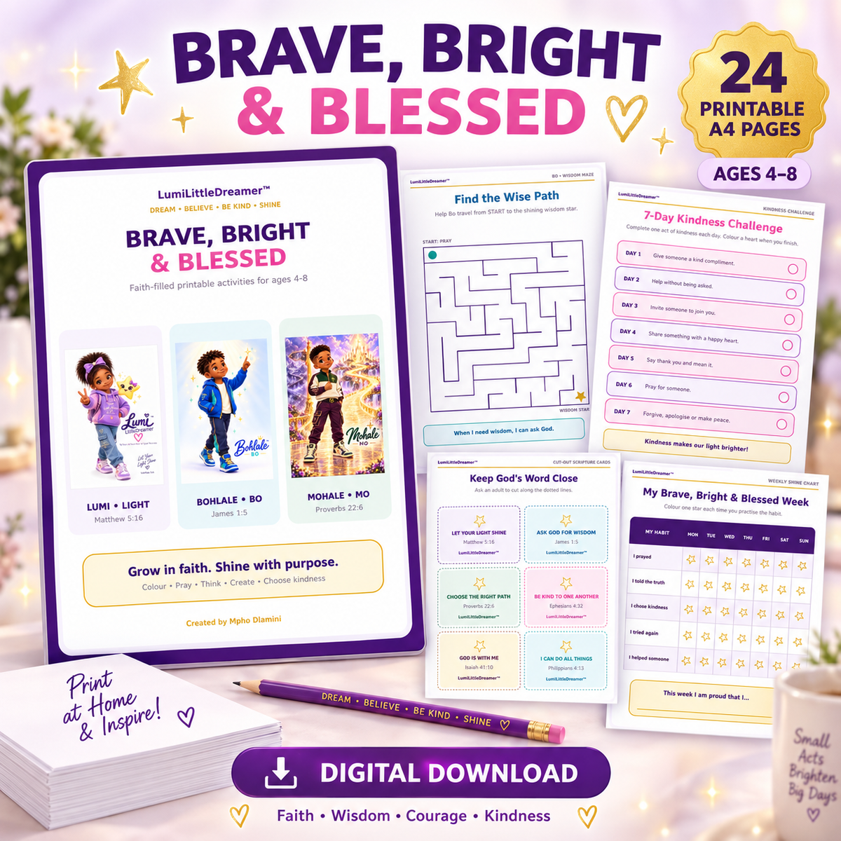 Brave, Bright & Blessed – 24-Page Kids Activity Pack
